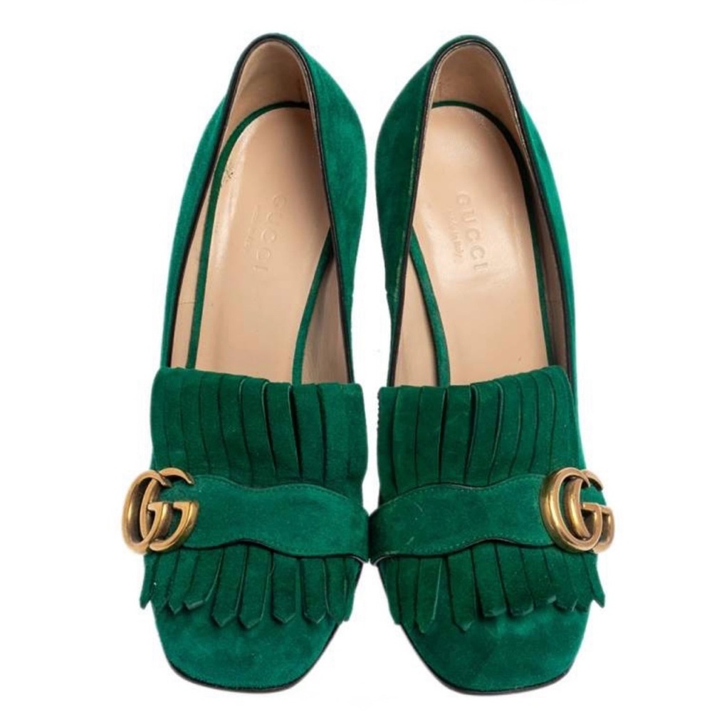 Gucci Green Suede Fringed Block Heel Pumps with Gold Double G - Picture 4 of 11
